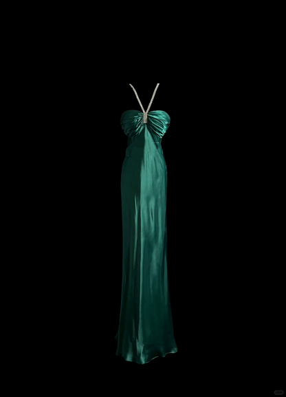 Vintage Mermaid Halter Green Satin Long Prom Dresses Ruffles Evening Gowns Evening Dress DP937