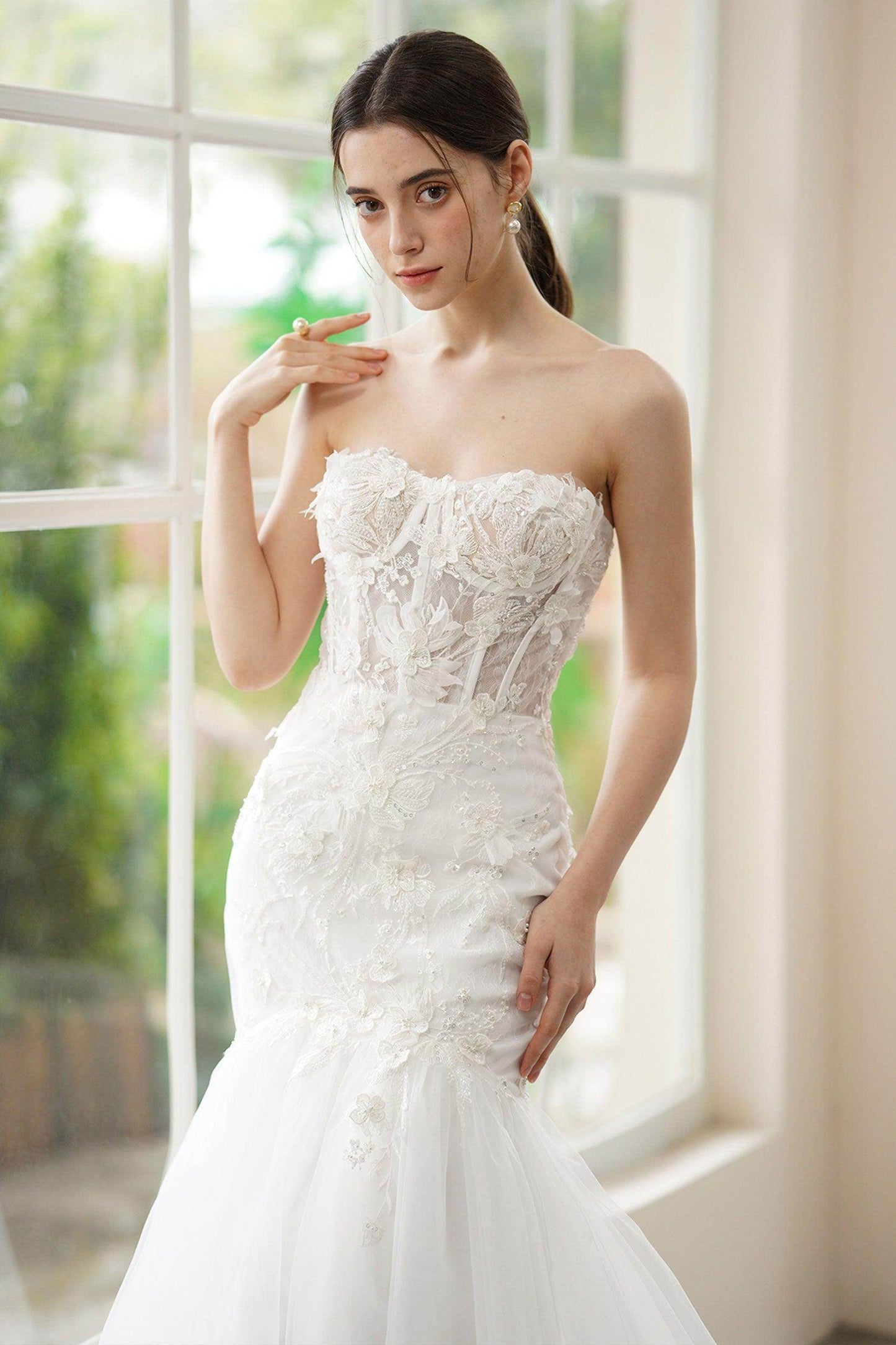 Trumpet-Mermaid Sweep-Brush Train Lace Tulle Wedding Dress CW3312