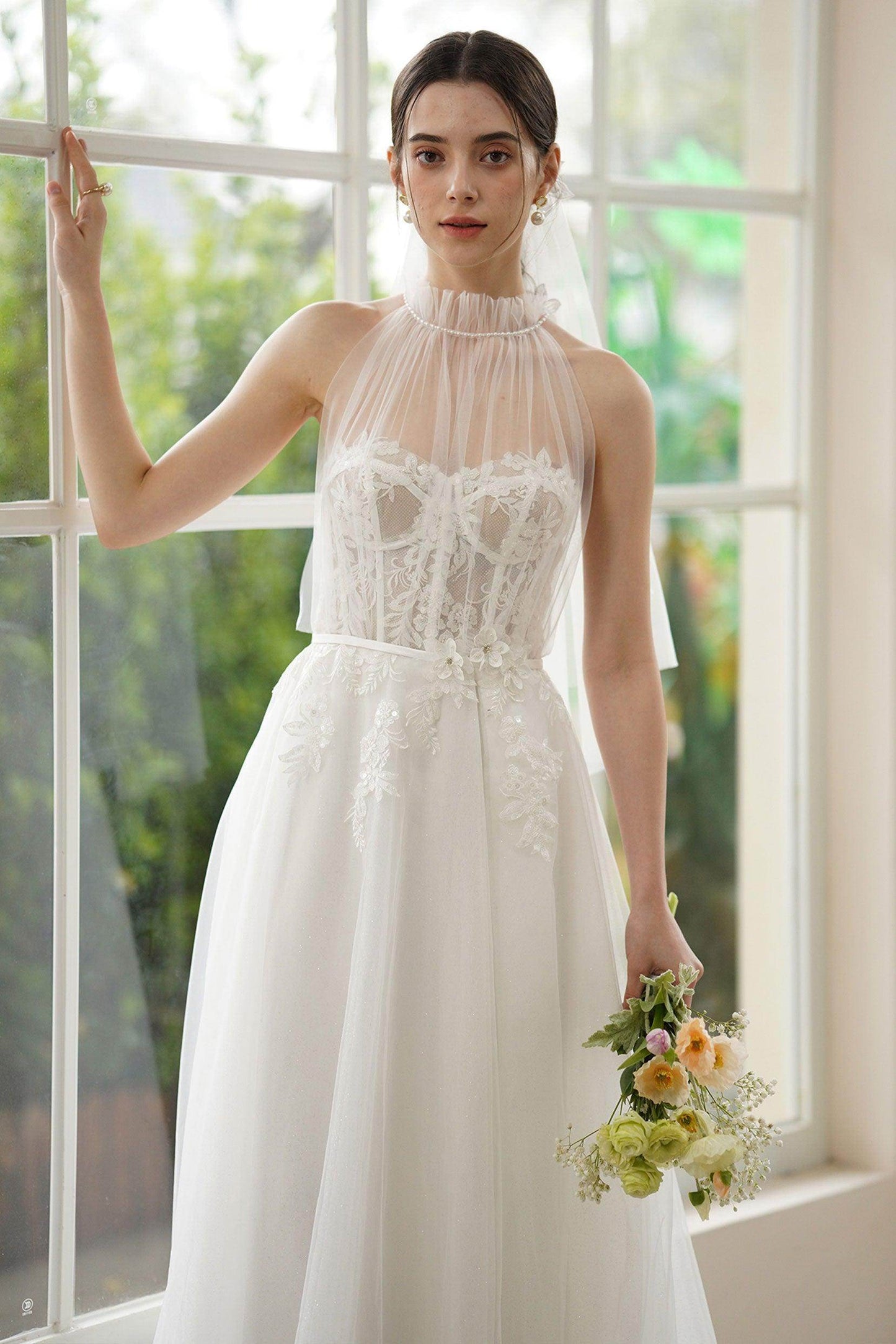 A-Line Sweep-Brush Train Lace Tulle Wedding Dress CW3315