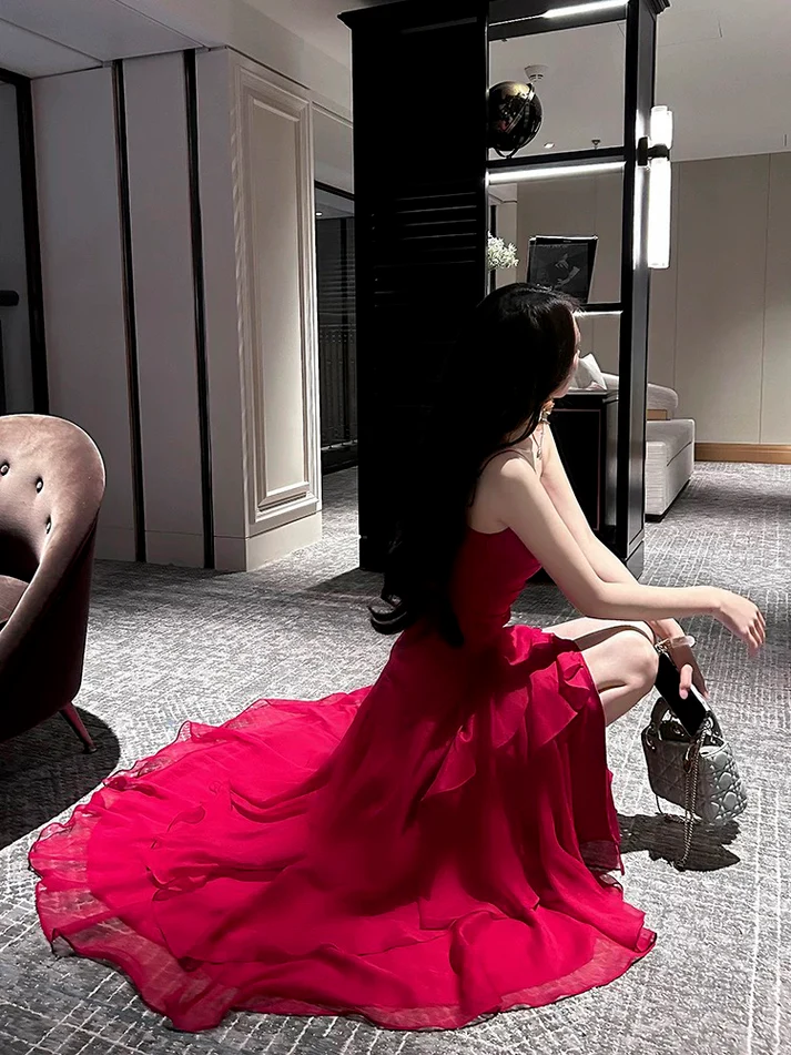 Beautiful Red Chiffon Layered Evening Dress Spaghetti Straps Prom Party Dress cc1928