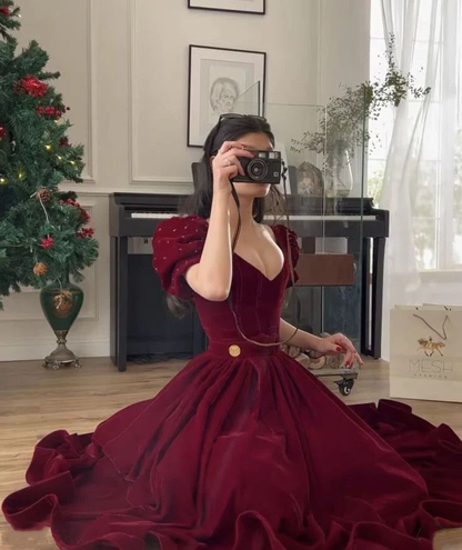 Dark Red Velvet V Neck Short Puff Sleeve Beaded A Line Floor Length Evening Dress cc600