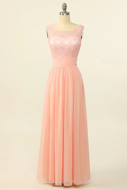 Pink long chiffon lace bridesmaid dress
