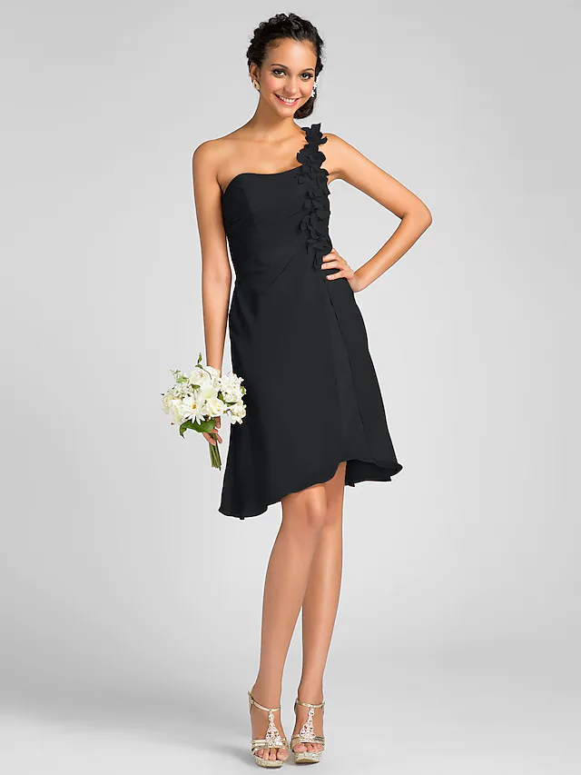 One Shoulder Knee Length Chiffon Bridesmaid Dress with Side Draping  Flower