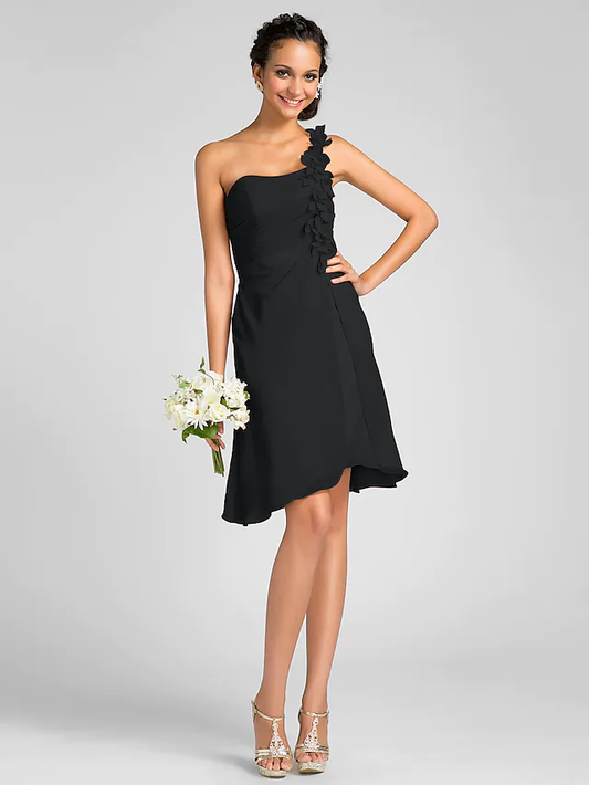 One Shoulder Knee Length Chiffon Bridesmaid Dress with Side Draping  Flower