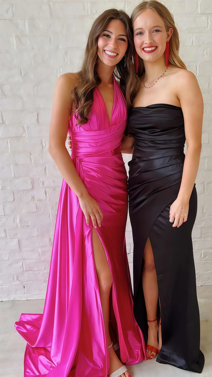 Pretty V Neck Satin Ruched Mermaid Evening Dress,Hot Pink Slit Prom Party Gown cc2473