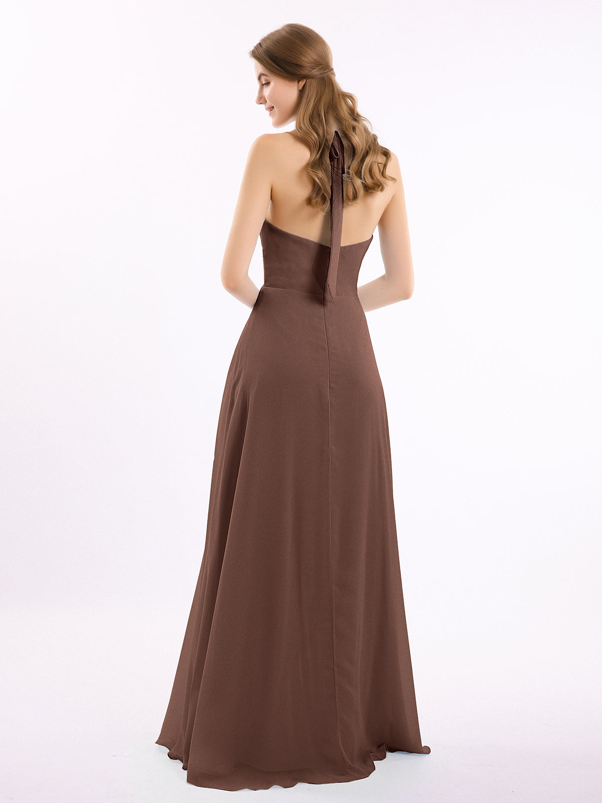 V Neckline Chiffon Dress with Bow Straps Chocolate