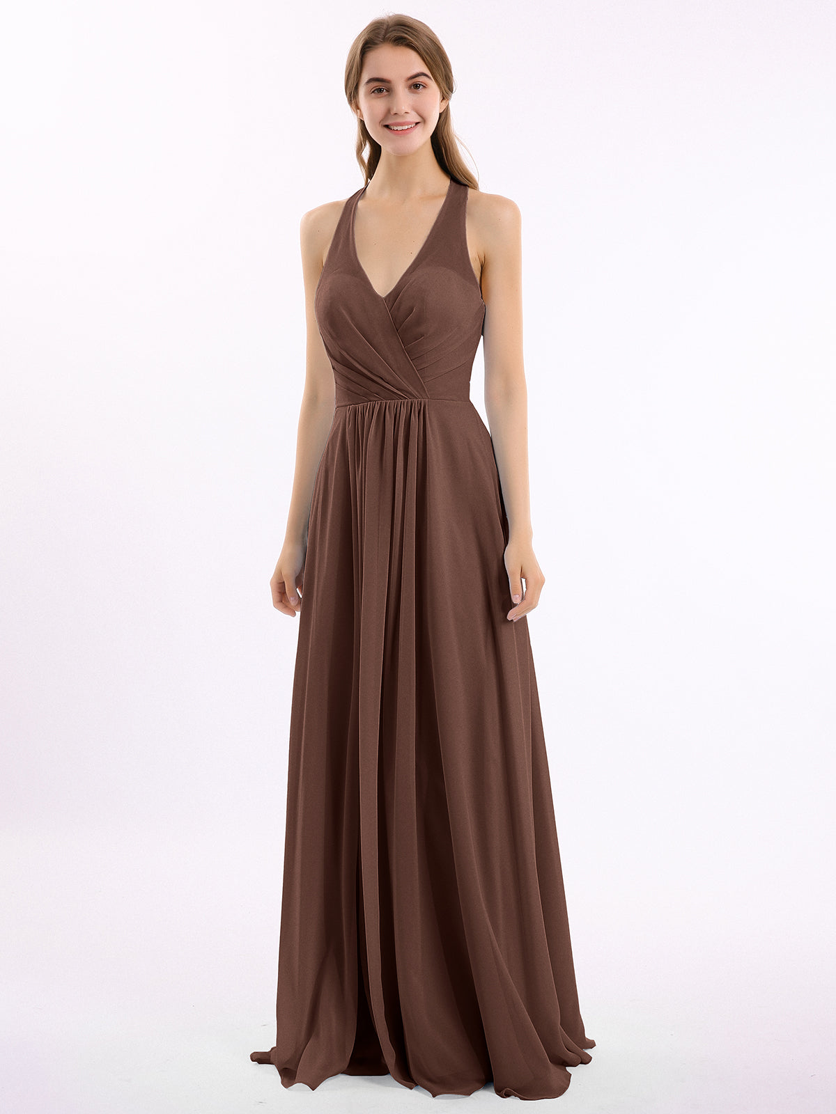 V Neckline Chiffon Dress with Bow Straps Chocolate