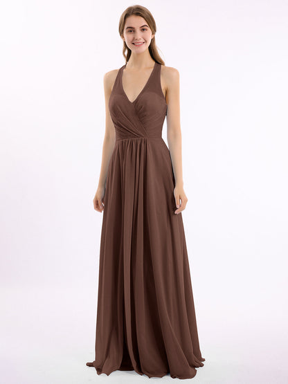 V Neckline Chiffon Dress with Bow Straps Chocolate