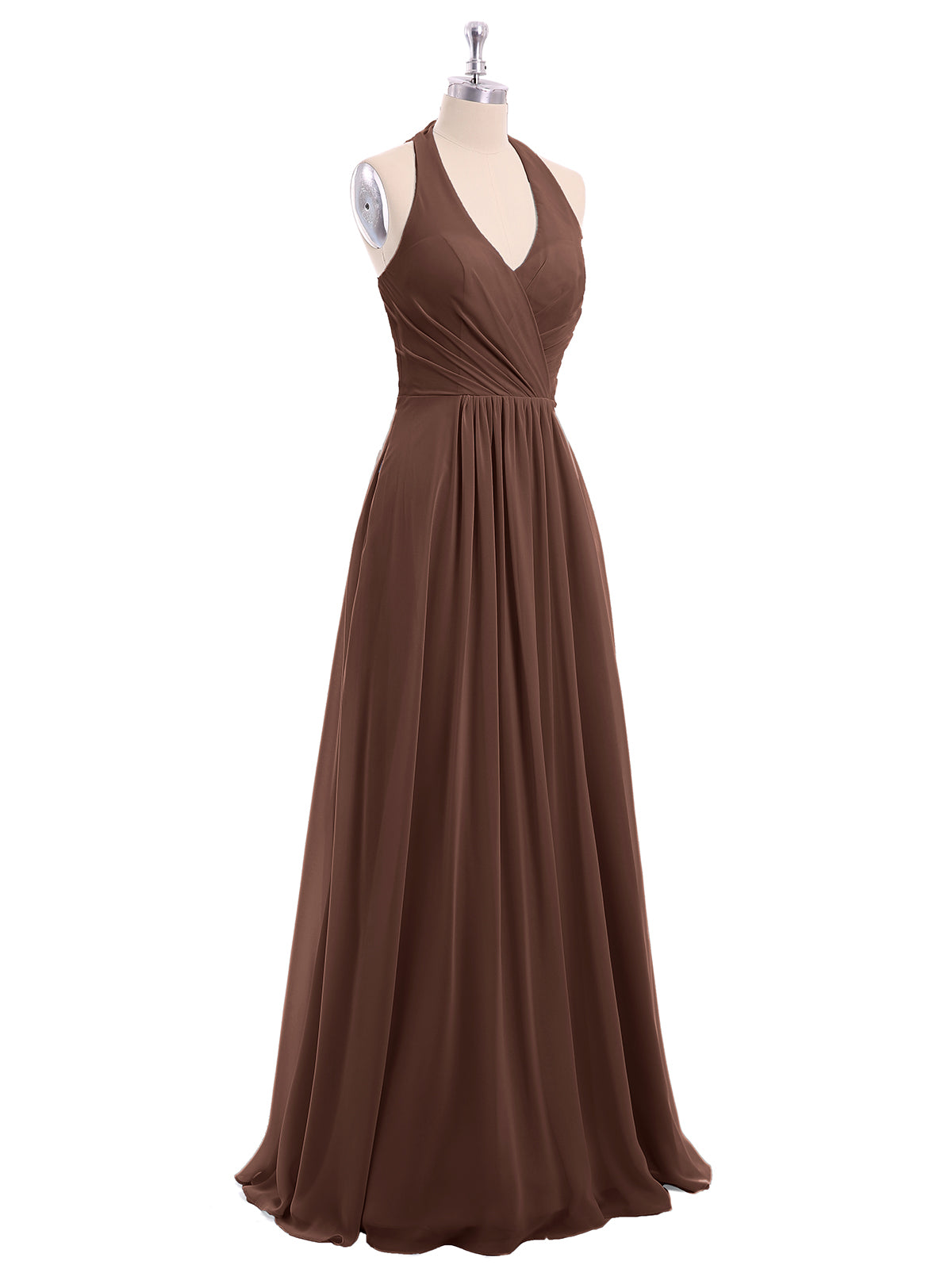 V Neckline Chiffon Dress with Bow Straps Chocolate