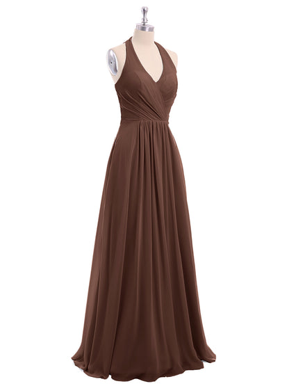 V Neckline Chiffon Dress with Bow Straps Chocolate