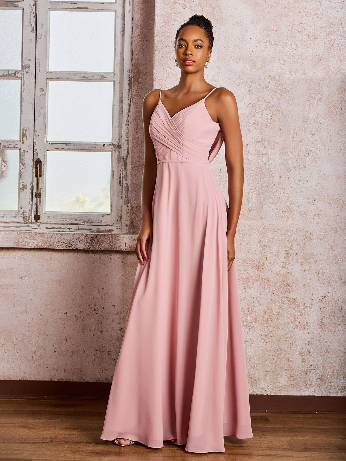Spaghetti Straps V-neck Pleated A-line Chiffon Dresses Dusty Rose