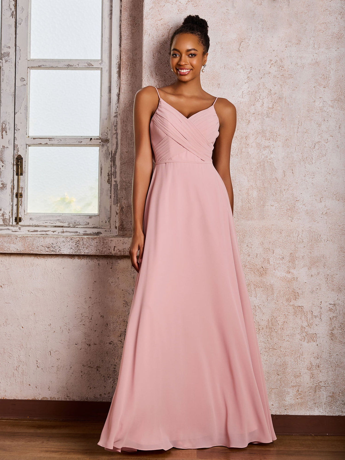 Spaghetti Straps V-neck Pleated A-line Chiffon Dresses Dusty Rose