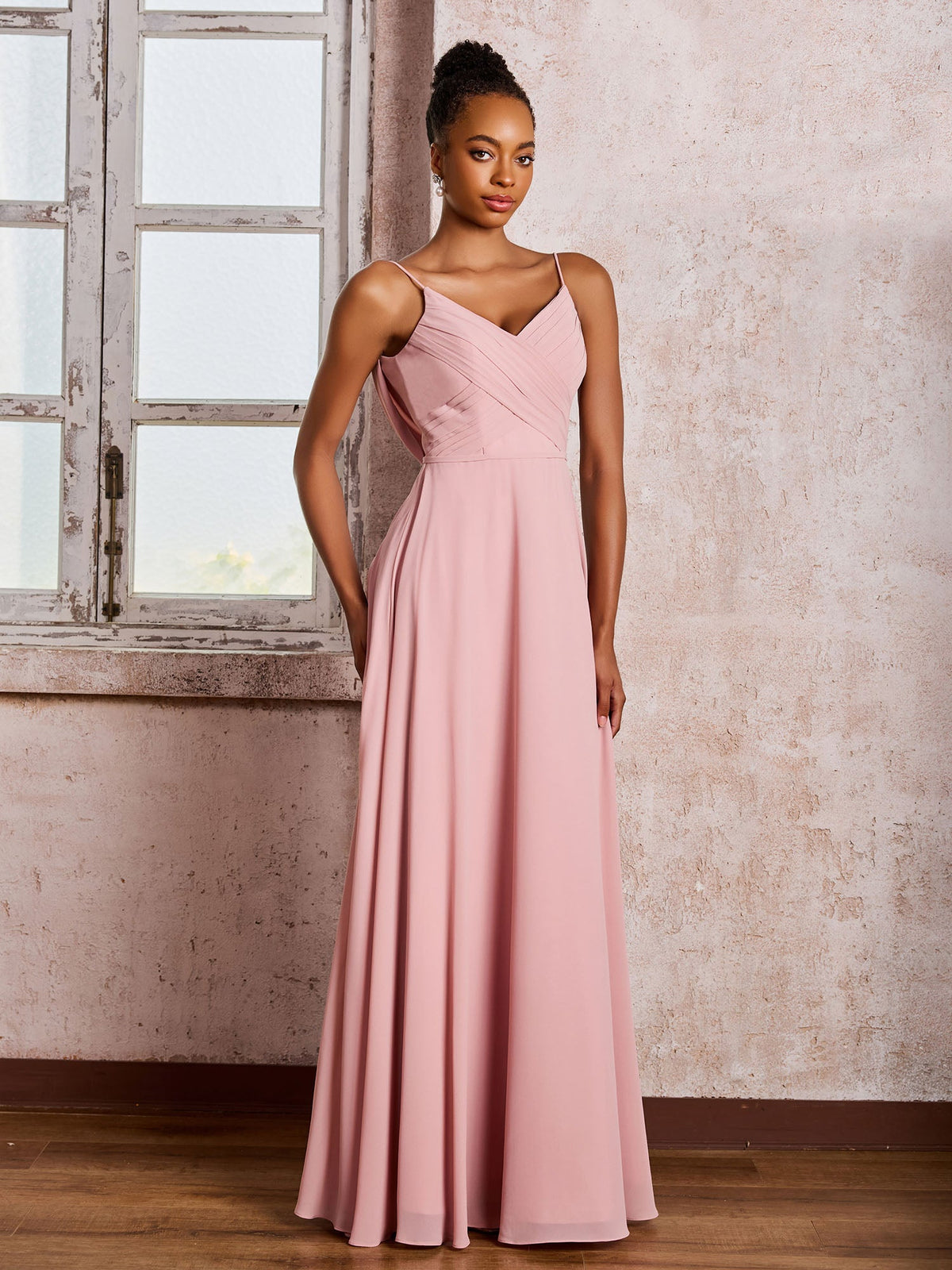 Spaghetti Straps V-neck Pleated A-line Chiffon Dresses Dusty Rose
