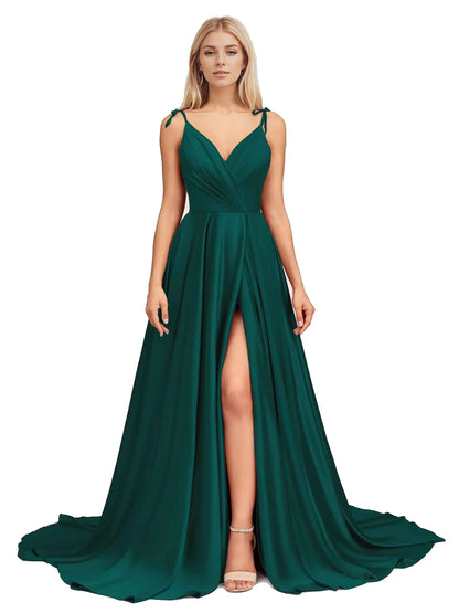 DingjiElegant V Neck Sleeveless Split Bridesmaid Dresses Cocktail Party Prom Long Wedding Guest Dresses For Women