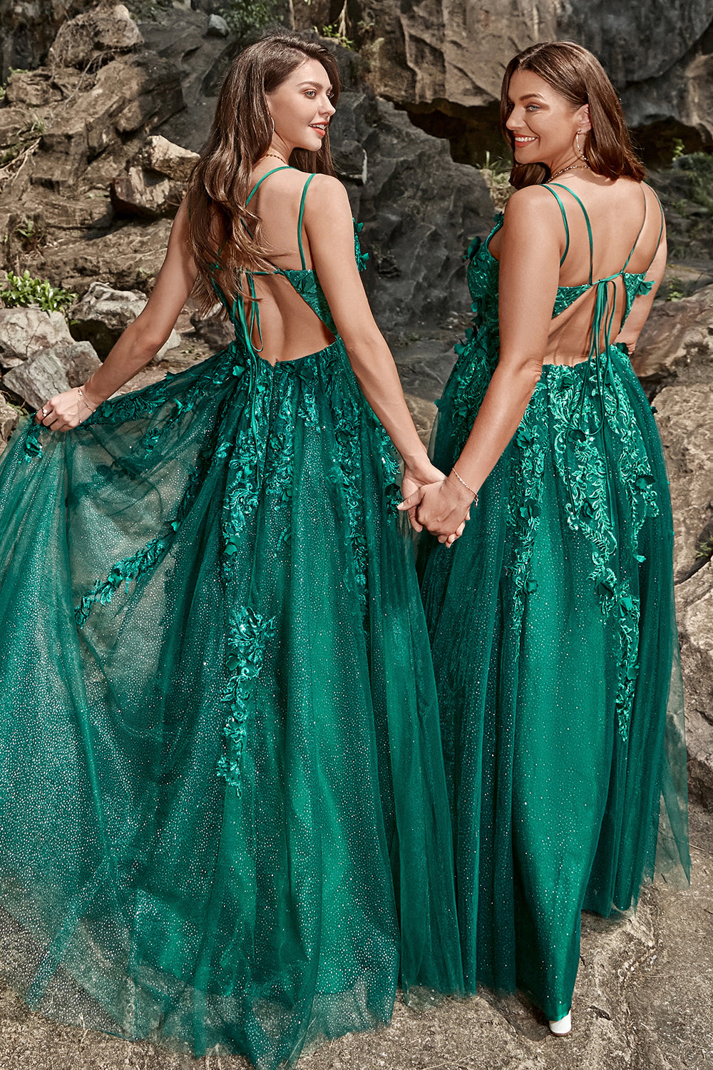 Dark Green A Line Spaghetti Straps Tulle Formal Dress with Slit Sexy Sparkly