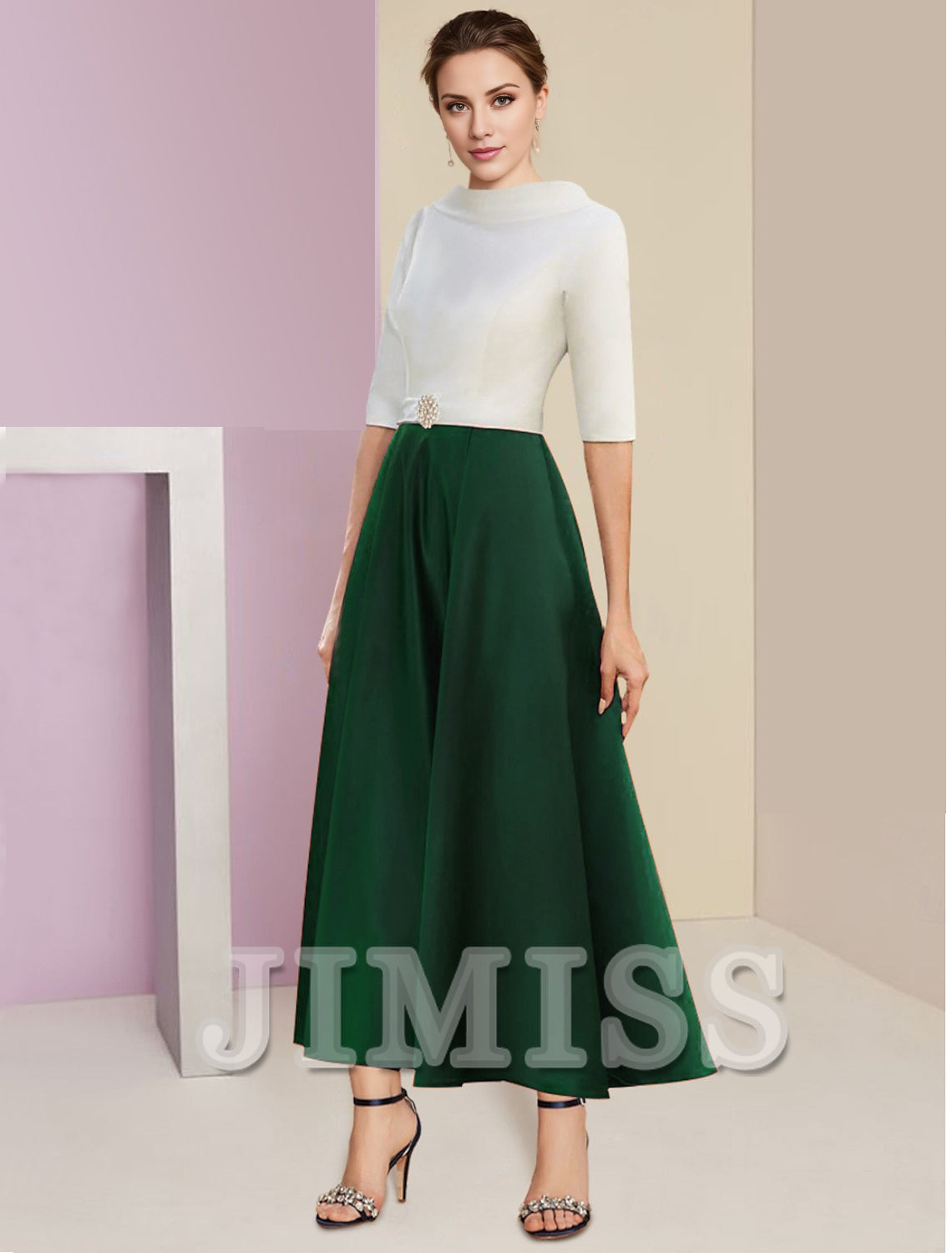 A-Line Mother of the Bride Dress Wedding Guest Elegant Vintage Jewelry Collar Tea Length Charmeuse Satin Half Sleeves with Ruffles Crystals