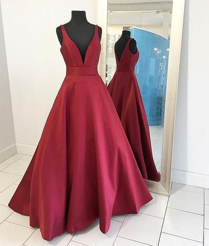 Deep V-neck Long Satin Floor Length Ballgowns Prom Dresses