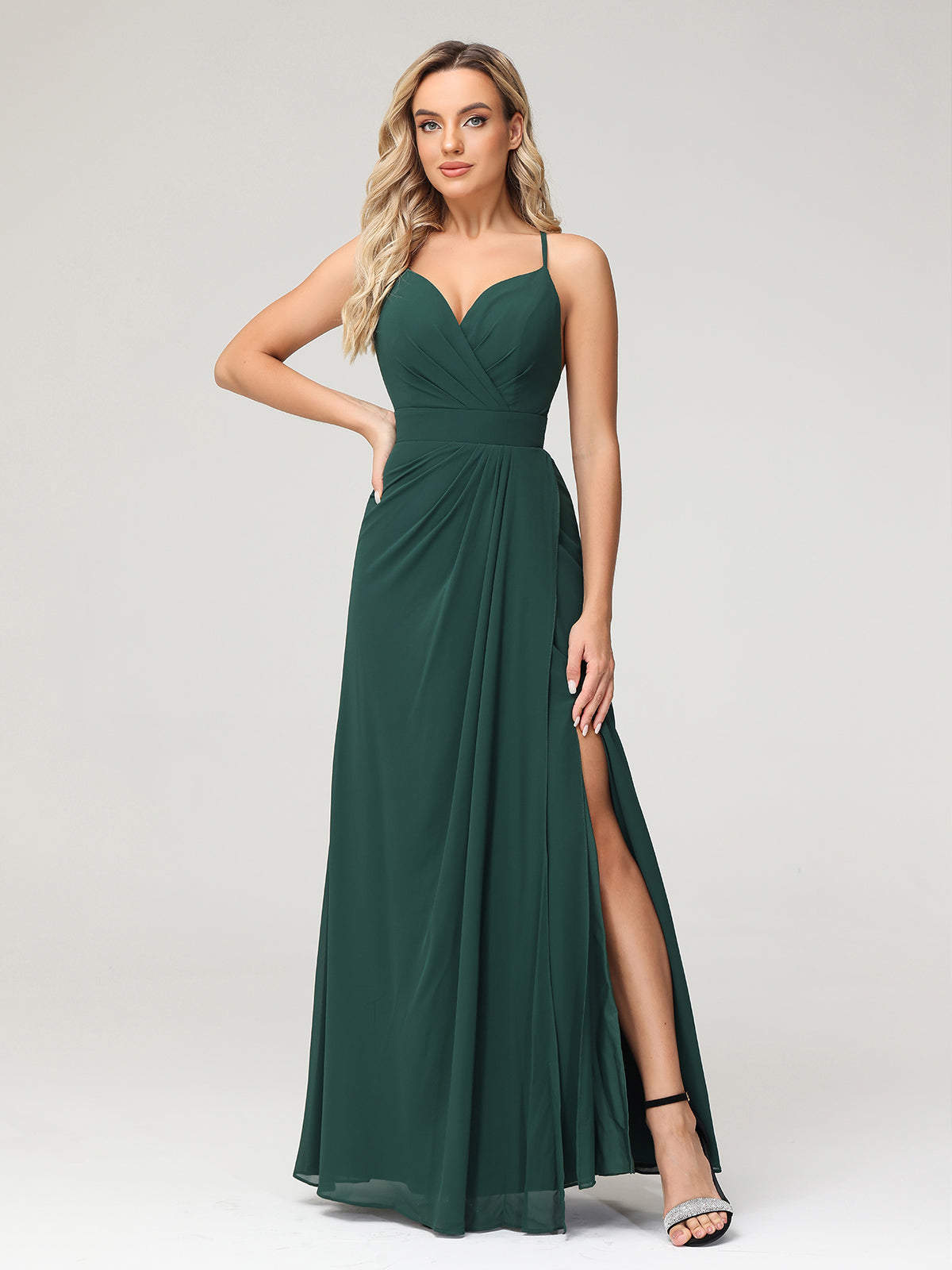 Sexy Deep V Neck Dress with Slit Dark Green