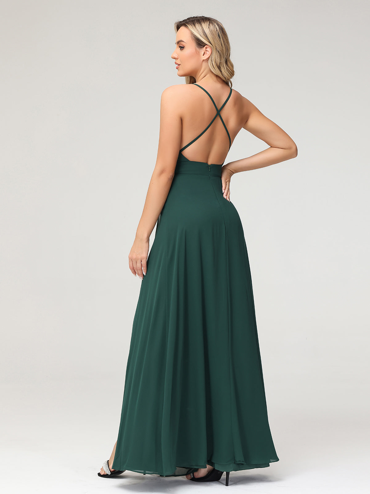 Sexy Deep V Neck Dress with Slit Dark Green