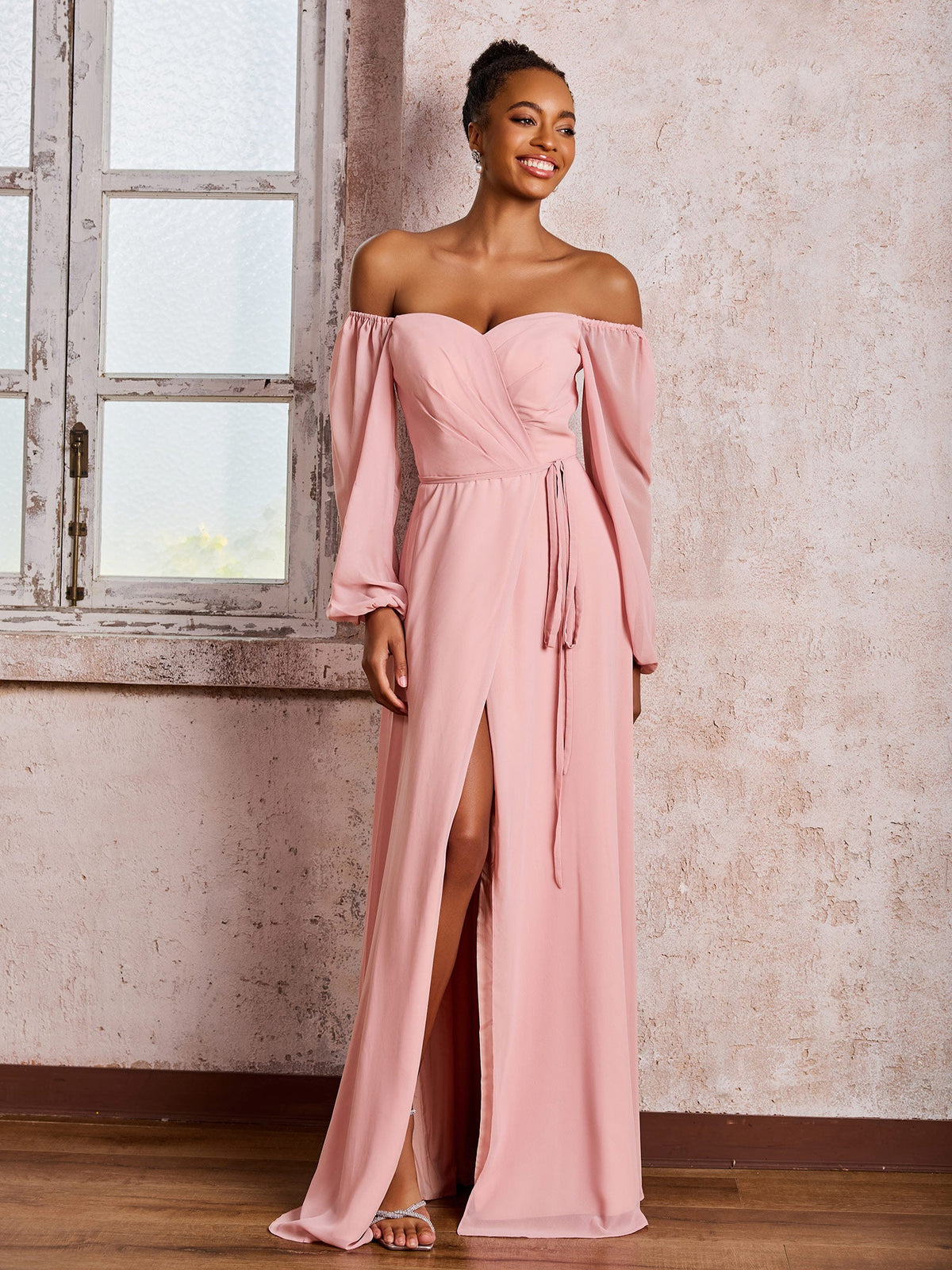 Off-The-Shoulder Long Sleeves Bow Dresses with Slit Dusty Rose
