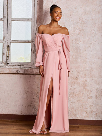 Off-The-Shoulder Long Sleeves Bow Dresses with Slit Dusty Rose