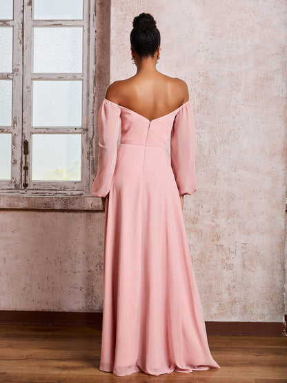 Off-The-Shoulder Long Sleeves Bow Dresses with Slit Dusty Rose