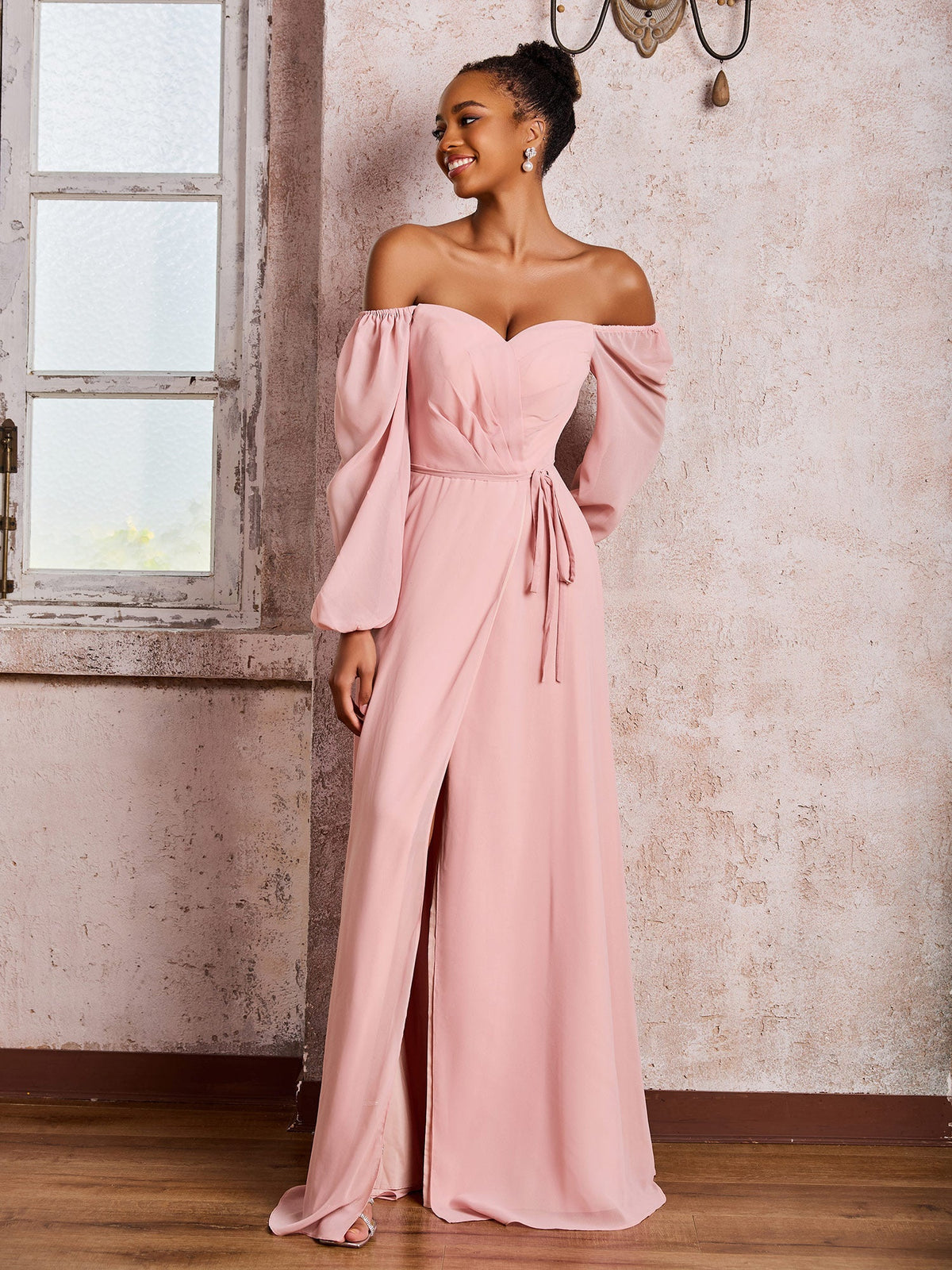 Off-The-Shoulder Long Sleeves Bow Dresses with Slit Dusty Rose