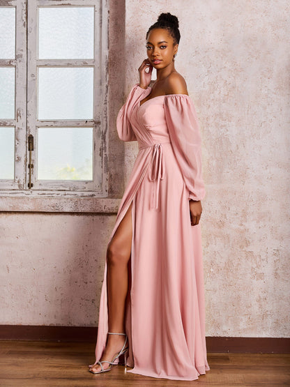 Off-The-Shoulder Long Sleeves Bow Dresses with Slit Dusty Rose