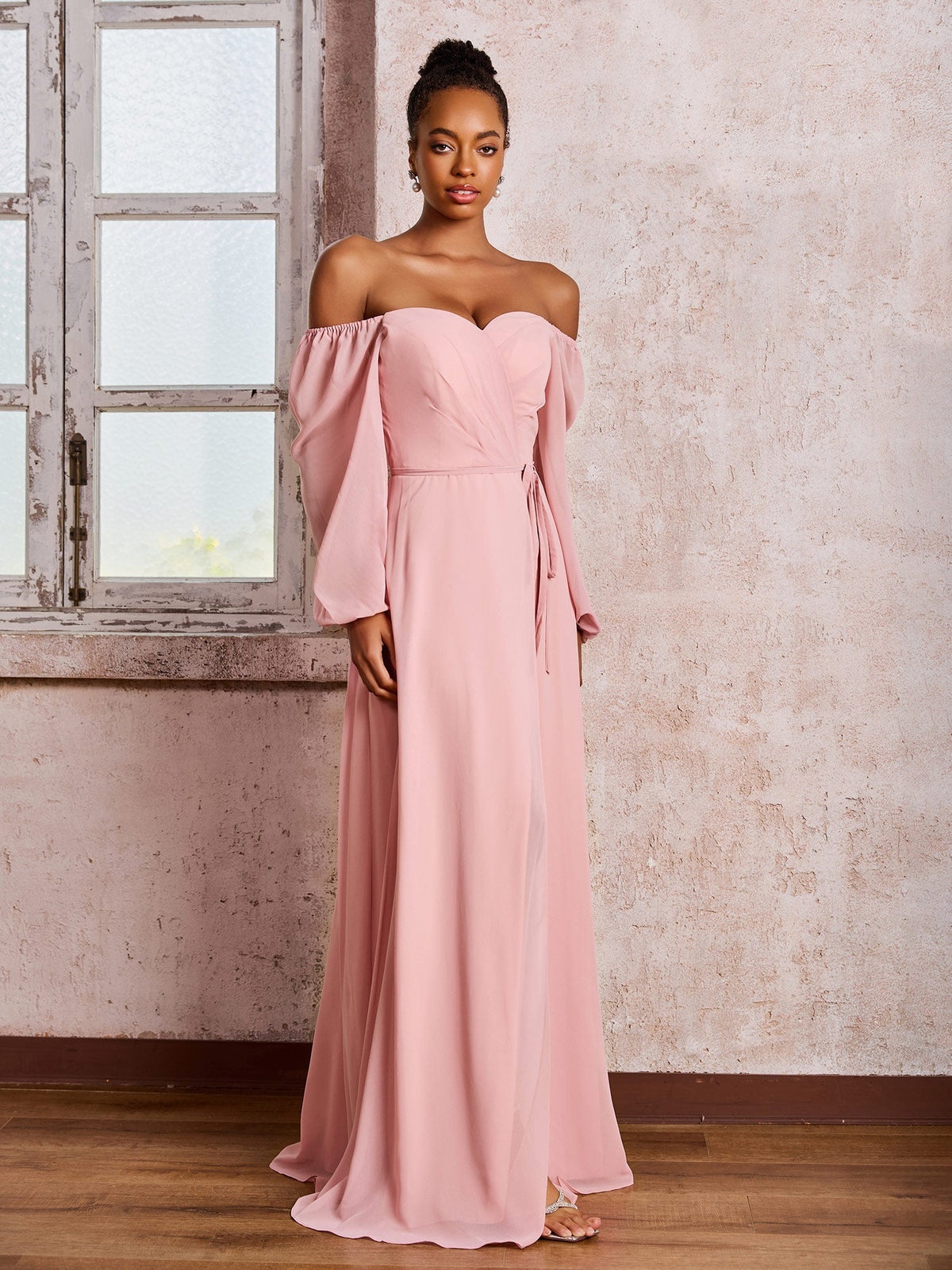Off-The-Shoulder Long Sleeves Bow Dresses with Slit Dusty Rose