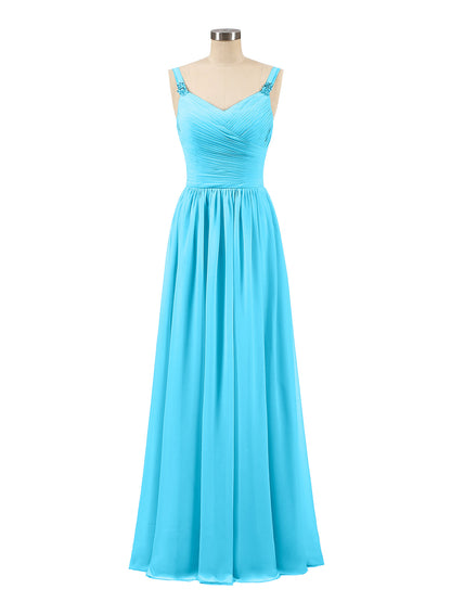 Pleated Chiffon Bodice Long Gown with Straps Pool