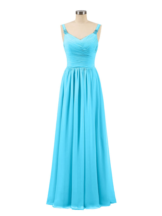 Pleated Chiffon Bodice Long Gown with Straps Pool