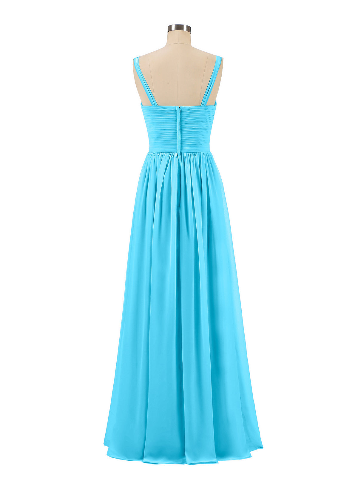 Pleated Chiffon Bodice Long Gown with Straps Pool