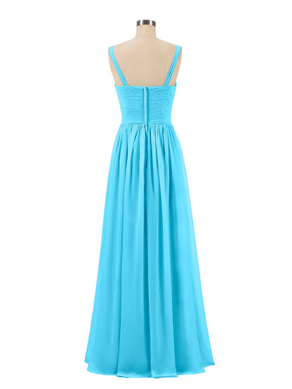Pleated Chiffon Bodice Long Gown with Straps Pool
