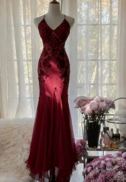 Mermaid Spaghetti Strap Chiffon Applique Long Prom Dresses with Scarf