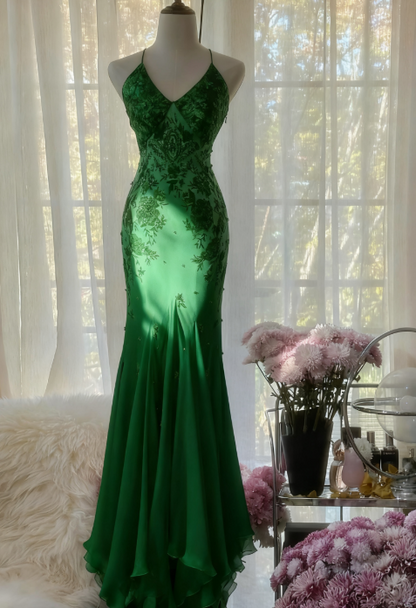 Mermaid Spaghetti Strap Chiffon Applique Long Prom Dresses with Scarf