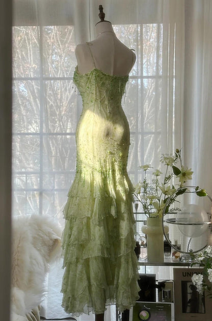 Fairytale Green Mermaid Gown 🍀Sweetheart Chiffon&Beaded Layed Prom Dress for Graduation&Quinceanera ED01769
