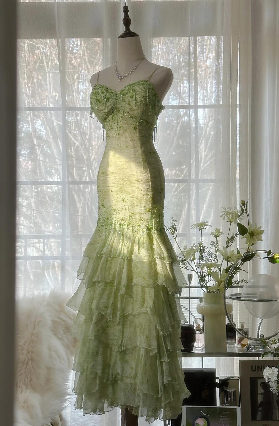Fairytale Green Mermaid Gown 🍀Sweetheart Chiffon&Beaded Layed Prom Dress for Graduation&Quinceanera ED01769