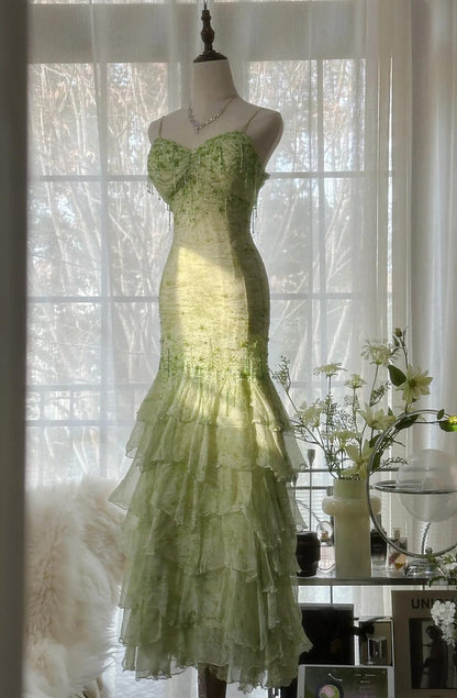 Fairytale Green Mermaid Gown 🍀Sweetheart Chiffon&Beaded Layed Prom Dress for Graduation&Quinceanera ED01769