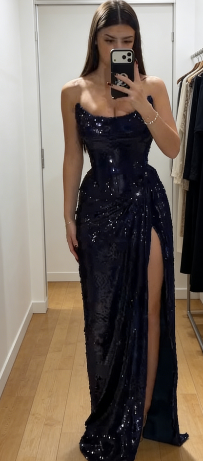 Elegant Strapless Evening Dresses Long Sequins Navy Blue Prom Dress with Slit