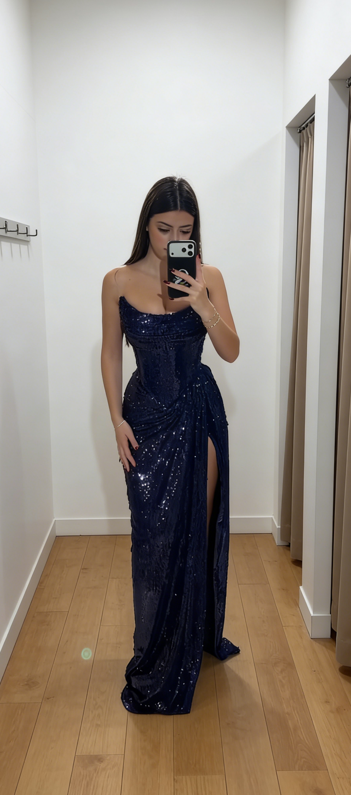 Elegant Strapless Evening Dresses Long Sequins Navy Blue Prom Dress with Slit