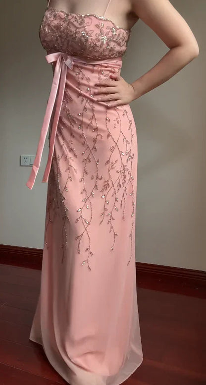 Sweet Element Style Spaghetti Strap Strapless Gown | Pink-Purple Tulle Beaded Maxi Dress for Engagement Luxury Party Bachelorette Gathering gh6433