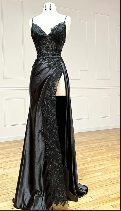 Elegant Burgundy Satin Appliques Evening Dress Slit Prom Party Dress cc1795