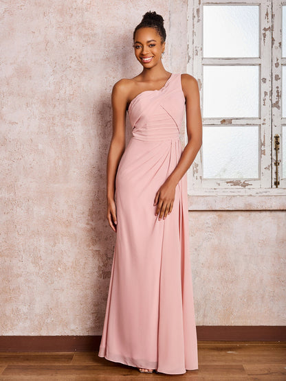Backless One-Shoulder Pleated Chiffon Dresses with Slit Dusty Rose