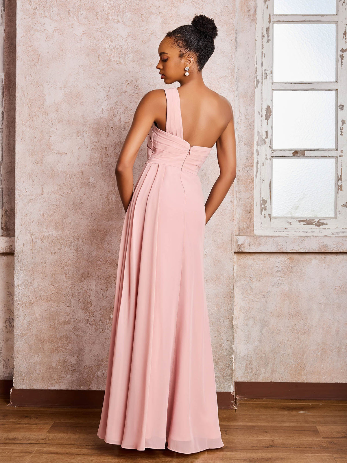 Backless One-Shoulder Pleated Chiffon Dresses with Slit Dusty Rose