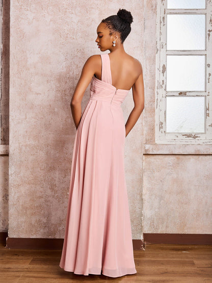 Backless One-Shoulder Pleated Chiffon Dresses with Slit Dusty Rose