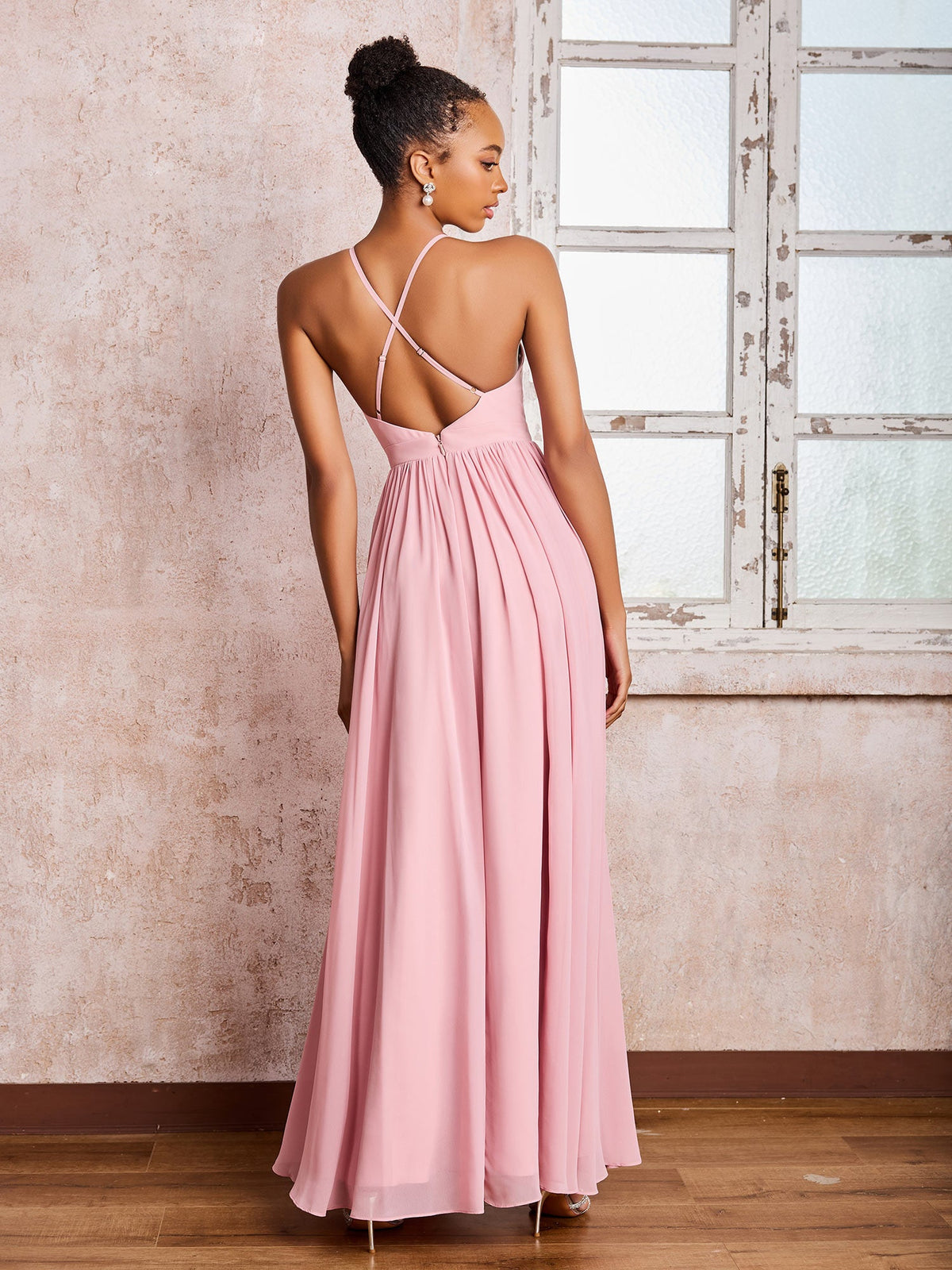 Plunging V-neck Criss-Cross Straps Ruched Chiffon Dresses with Slit Dusty Rose