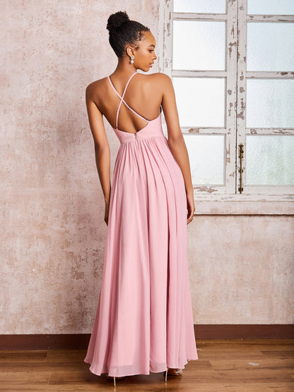 Plunging V-neck Criss-Cross Straps Ruched Chiffon Dresses with Slit Dusty Rose