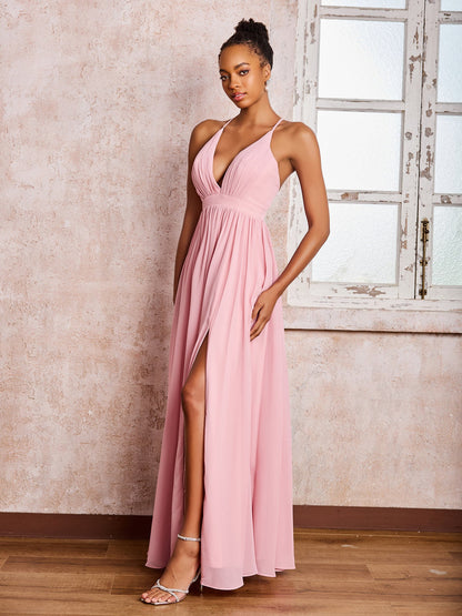 Plunging V-neck Criss-Cross Straps Ruched Chiffon Dresses with Slit Dusty Rose