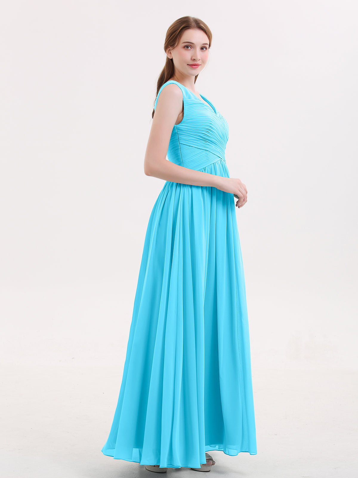 V Neck Maxi Chiffon Dresses with Ziper Back Pool