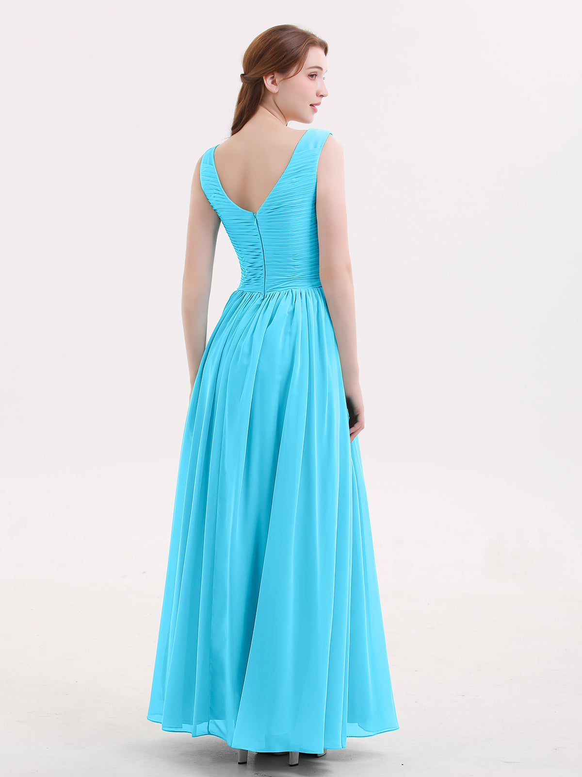 V Neck Maxi Chiffon Dresses with Ziper Back Pool